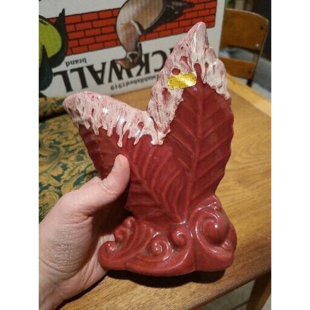 Vintage MCM Royal Haeger Leaf Vase Burgundy Dark Red Pink White Glaze EUC Art
